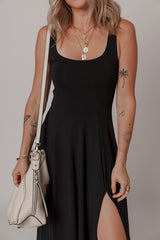Black Sleeveless Scoop Neck Flared Split Midi Dress Midi Dresses JT's Designer Fashion