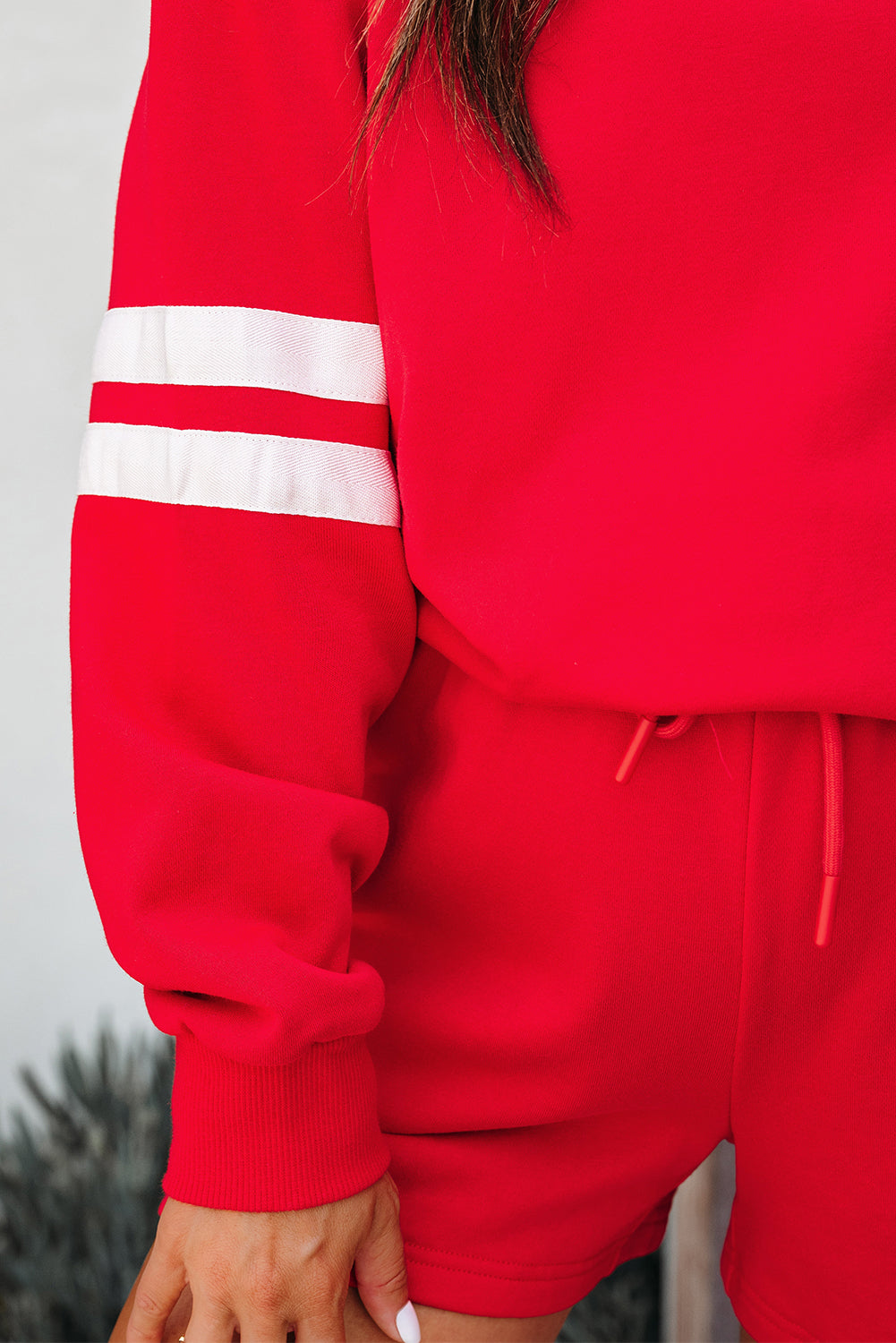 Fiery Red Varsity Striped Sleeve Drop Shoulder Sweatshirt and Short Set Short Sets JT's Designer Fashion