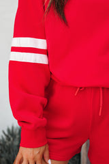 Fiery Red Varsity Striped Sleeve Drop Shoulder Sweatshirt and Short Set Short Sets JT's Designer Fashion