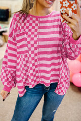 Rose Red Checkerboard Striped Patchwork Lantern Sleeve Pocketed Blouse Long Sleeve Tops JT's Designer Fashion