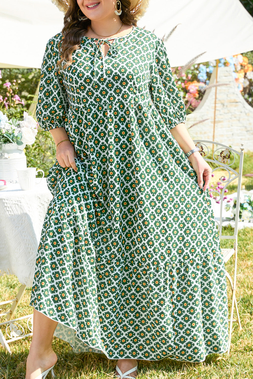 Green Geometric Floral Print Half Sleeve Plus Size Maxi Dress Plus Size Maxi Dresses JT's Designer Fashion