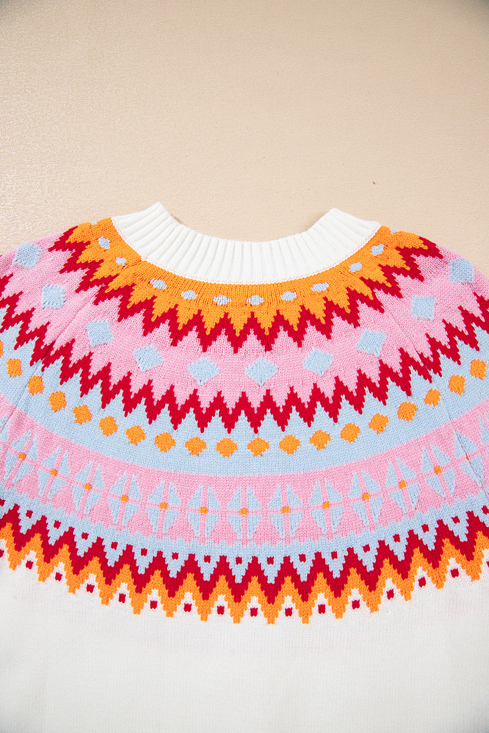 White Ethnic Geometric Colorblock Print Drop Shoulder Sweater Sweaters JT's Designer Fashion