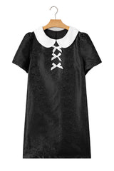 Black Floral Embossed Puff Sleeve Colorblock Bow Collared Mini Dress Mini Dresses JT's Designer Fashion