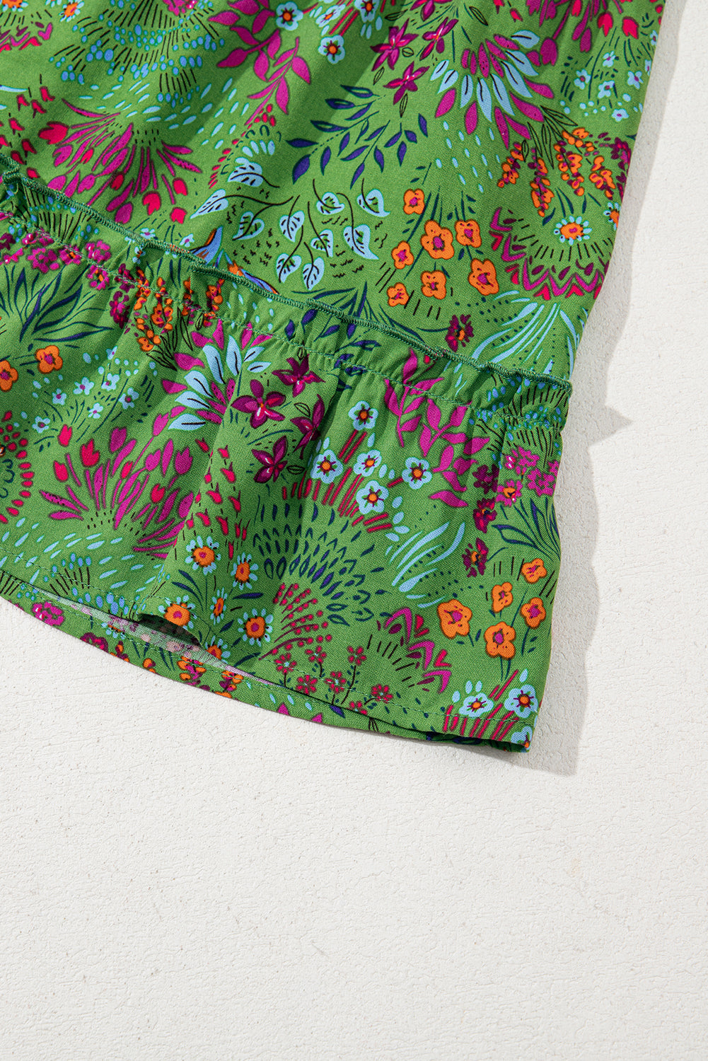 Green Floral Tie Split Neck Frilly Ruffle Trim Tiered Short Dress Floral Dresses JT's Designer Fashion