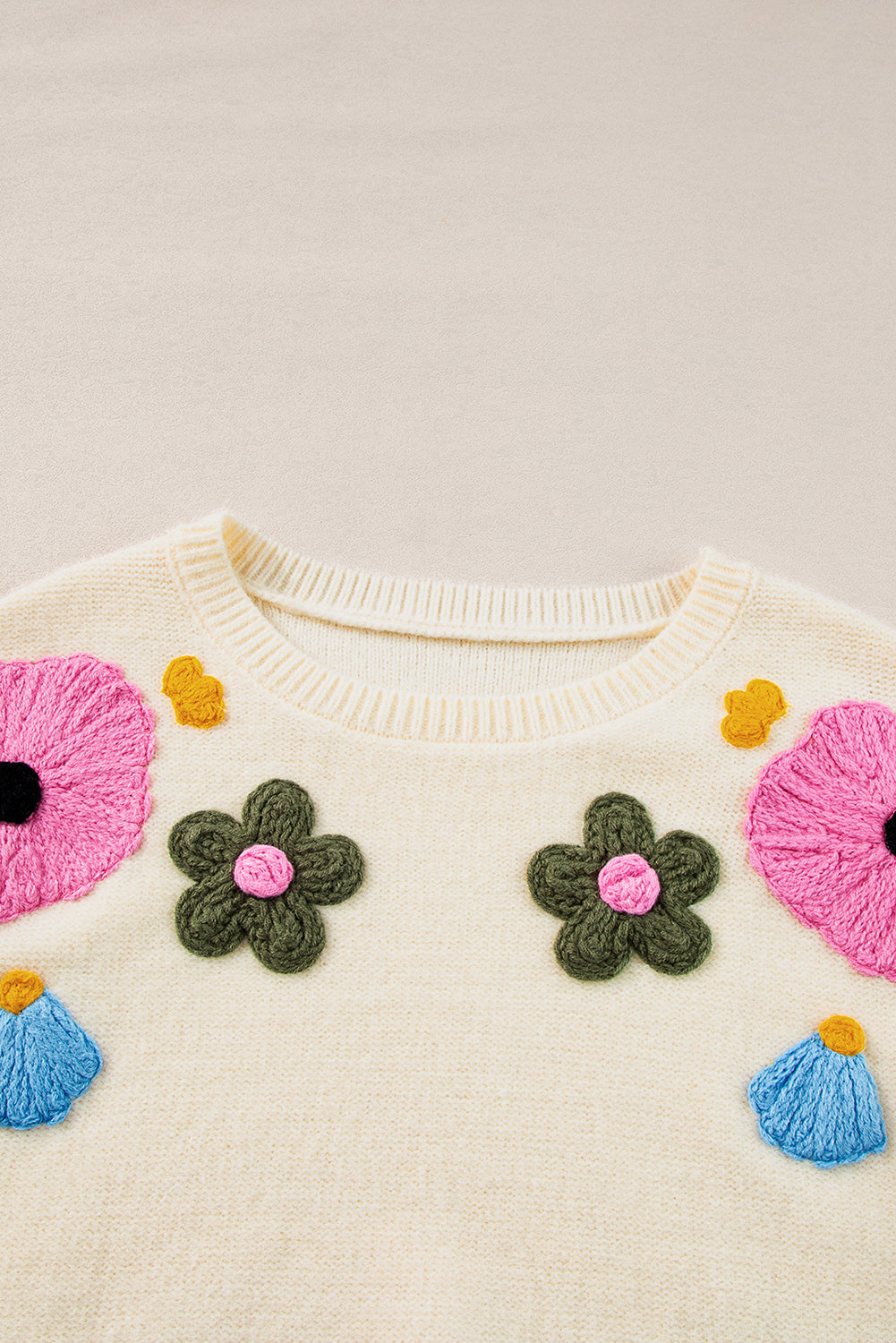 Beige Knitted Flower Pattern Ribbed Edge Sweater Sweaters JT's Designer Fashion