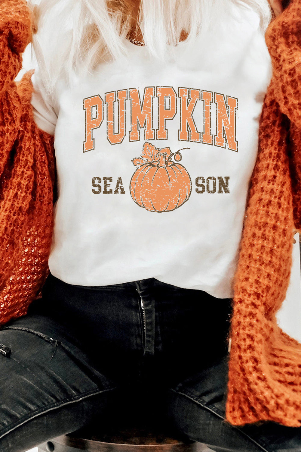 White PUMPKIN SEASON Cracking Printed Cotton Blend T Shirt Graphic Tees JT's Designer Fashion