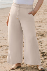 Beige Smocked High Waist Wide Leg Plus Size Pants Plus Size Bottoms JT's Designer Fashion