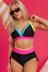 Black Color Block Drawstring Side V Neck High Waist Bikini Set Bikinis JT's Designer Fashion