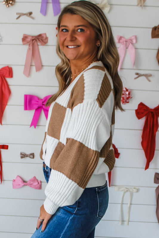 Khaki Checkered Pattern Ribbed Detail Button V Neck Sweater Cardigan Cardigans JT's Designer Fashion