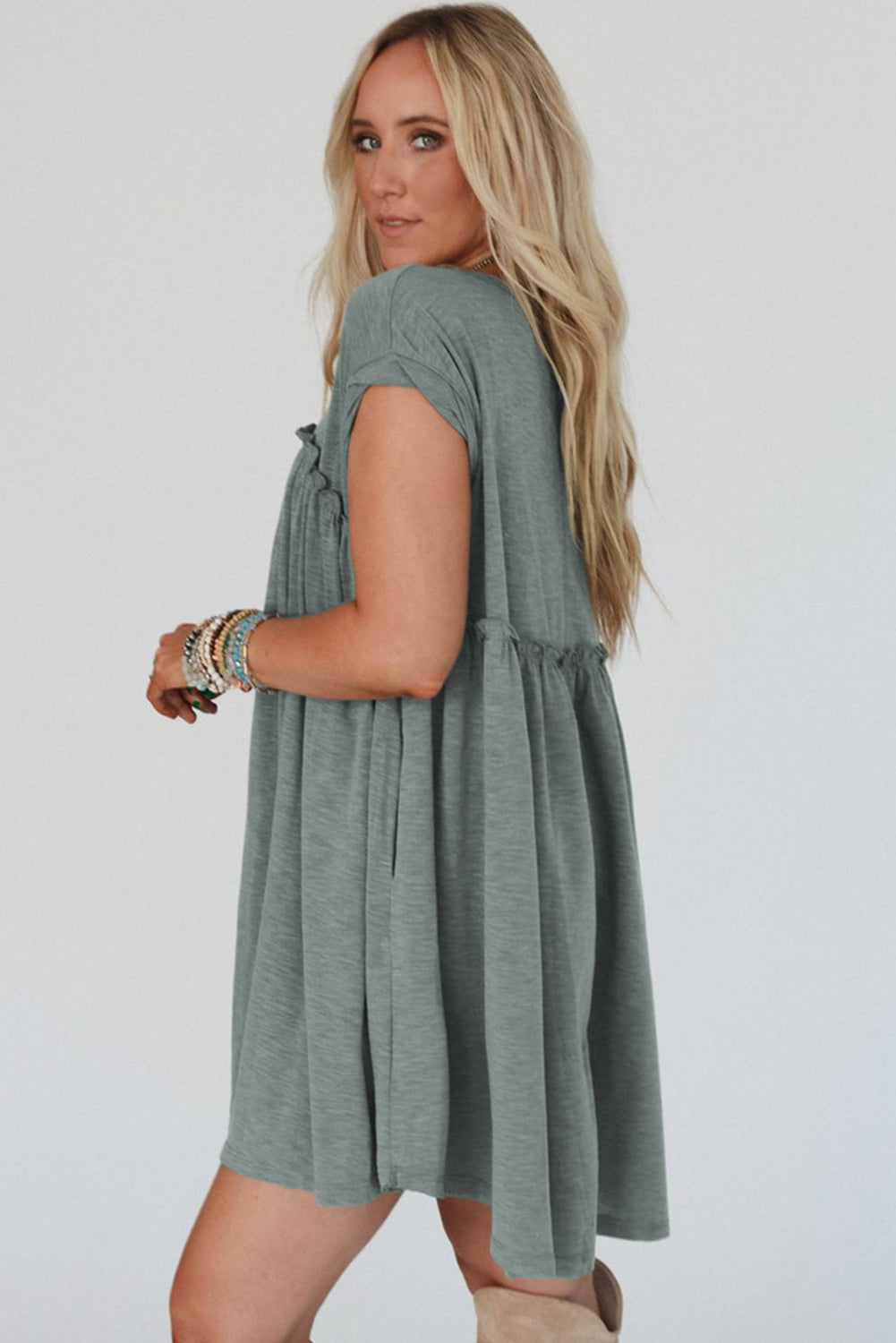 Mist Green Frilled Gathered Seam Round Neck T Shirt Dress T Shirt Dresses JT's Designer Fashion