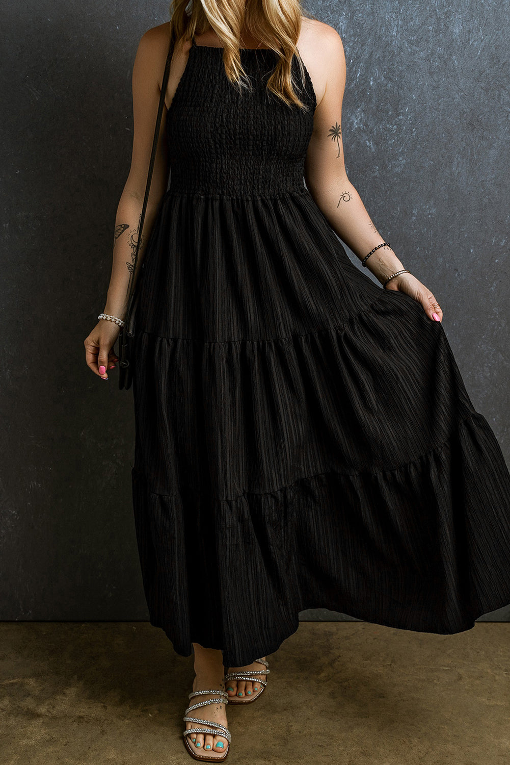 Black Spaghetti Straps Smocked Pleated Tiered Long Dress Maxi Dresses JT's Designer Fashion