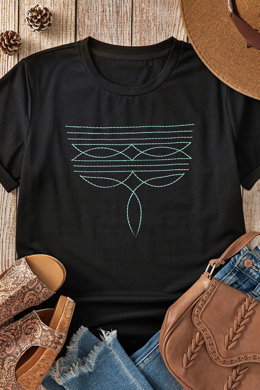 Black Western Fashion Geometric Embroidered T Shirt Graphic Tees JT's Designer Fashion
