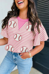 Sachet Pink Sequin Baseball Pattern Striped Ruffle Sleeve Round Neck Knit Top Graphic Tees JT's Designer Fashion