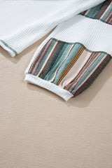 White Striped Patchwork Exposed Seam Waffle Knit Top Long Sleeve Tops JT's Designer Fashion