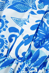 Sky Blue Retro Floral Print Drawstring Waist Ruffled Mini Dress Floral Dresses JT's Designer Fashion