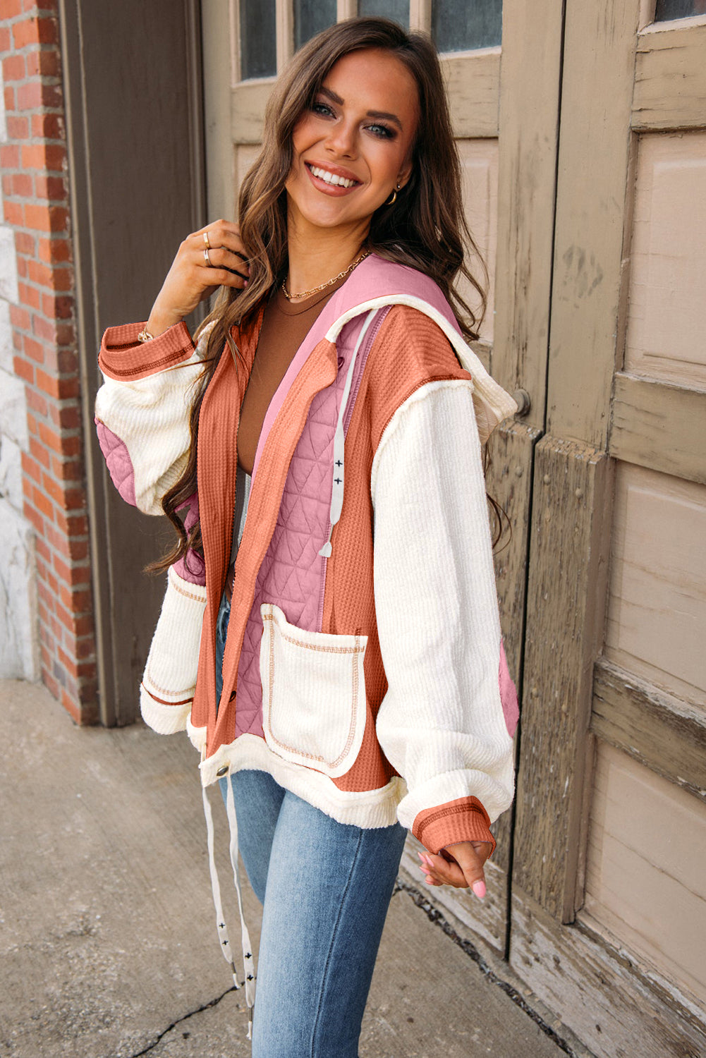 Coral Quilted Textured Patchwork Loose Fit Hooded Jacket Jackets JT's Designer Fashion