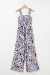 Purple Floral Print Smocked High Waist Square Neck Jumpsuit Dresses JT's Designer Fashion