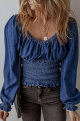 Smocked Long Sleeve Denim Top Long Sleeve Tops JT's Designer Fashion
