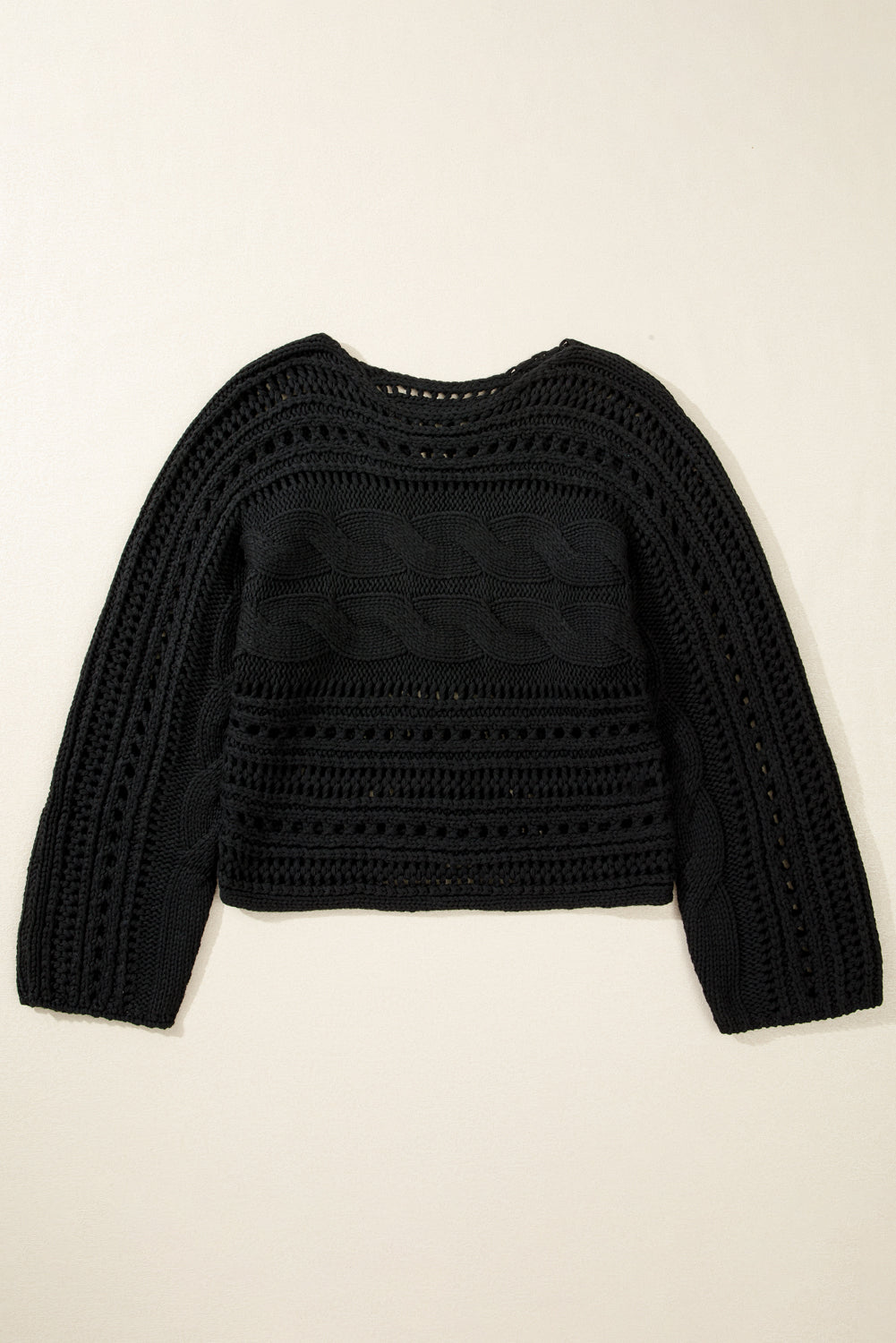 Black Hollow-out Cable Knit Cropped Sweater Sweaters JT's Designer Fashion