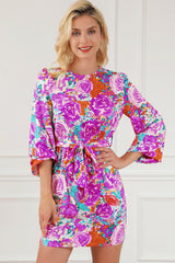 Purple Floral Keyhole Back Long Sleeve Belted Dress Floral Dresses JT's Designer Fashion
