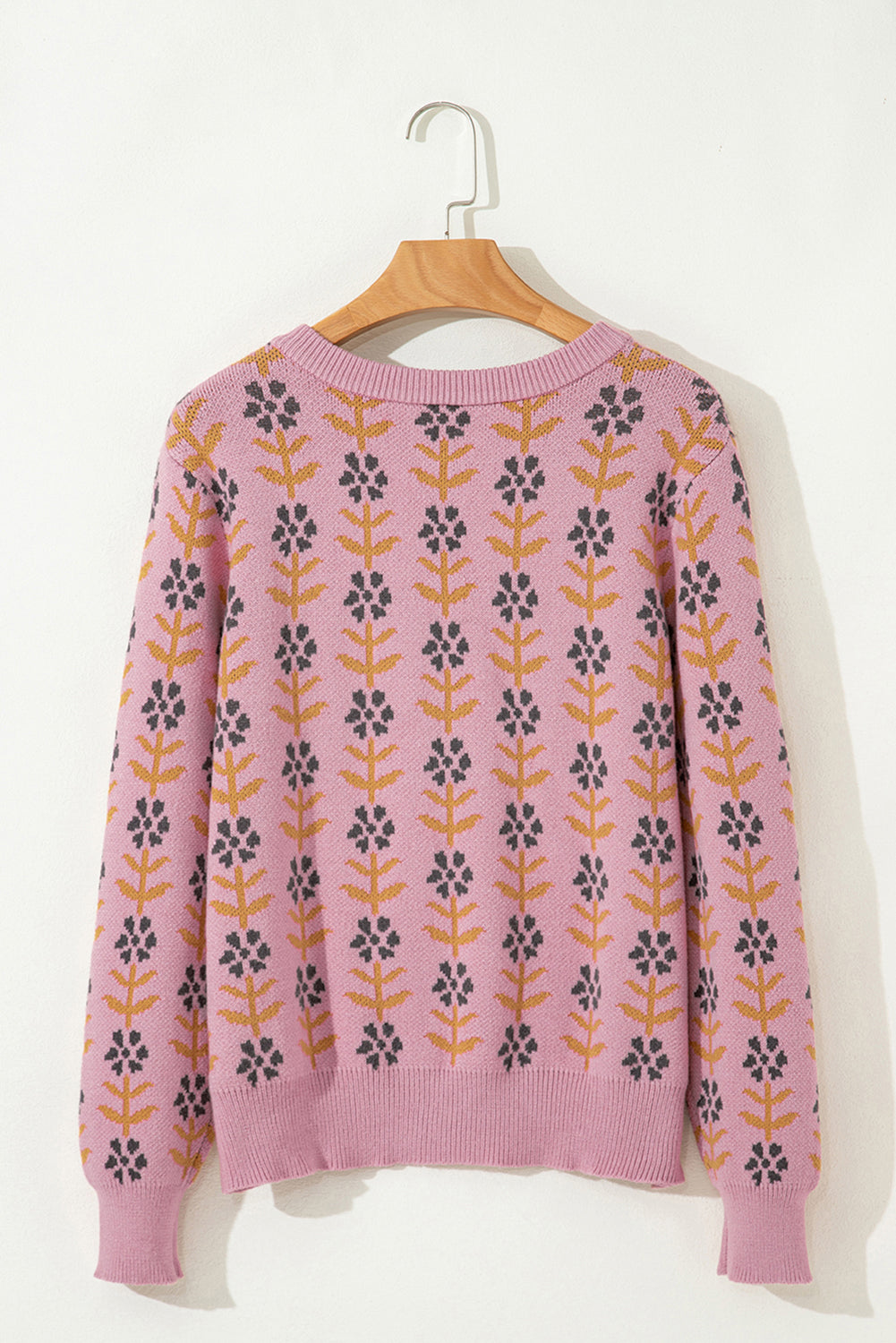 Pink Floral Button Down Ribbed Banded Cardigan Sweater Cardigans JT's Designer Fashion