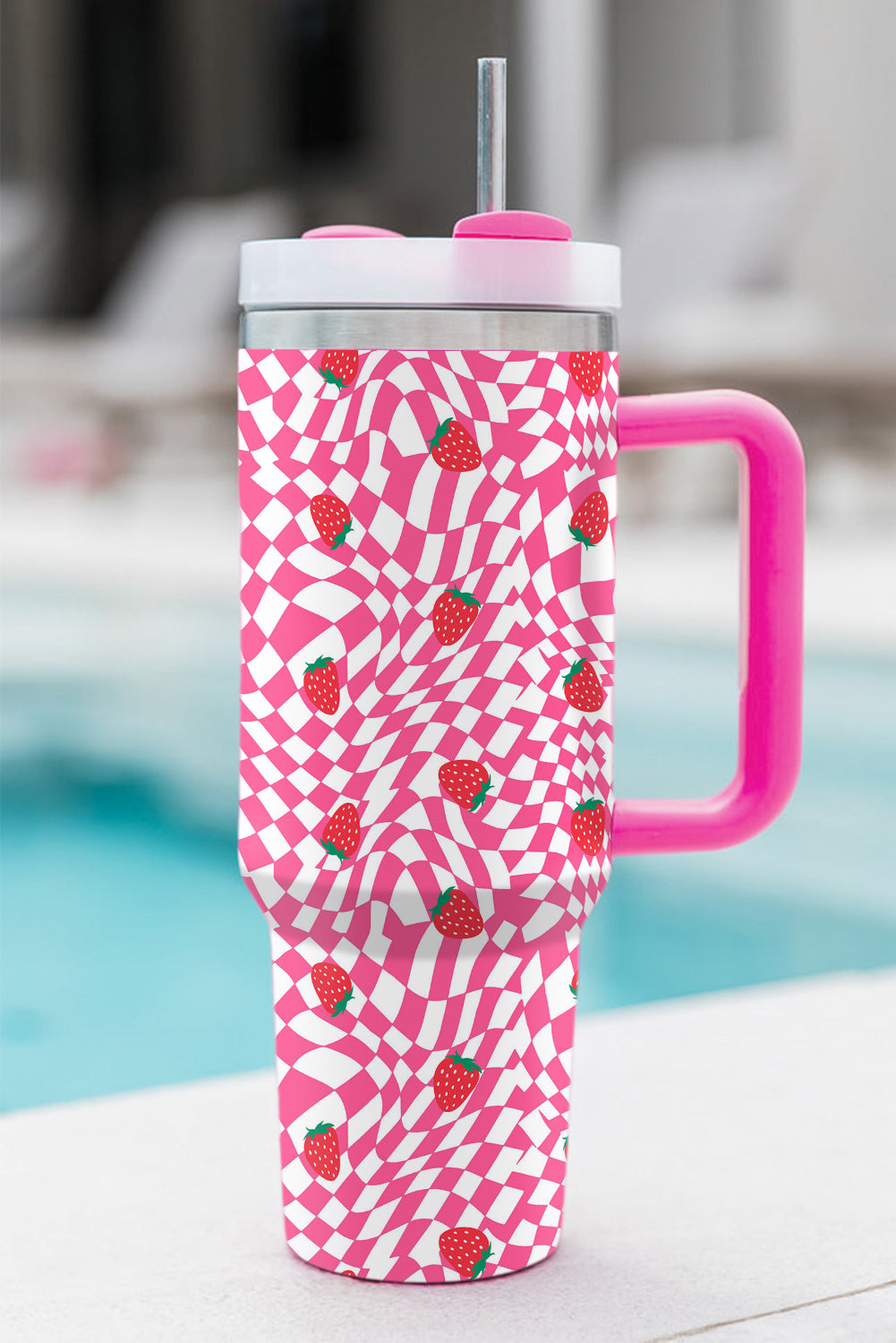 Rose Red Strawberry Checkered Print Handled Tumbler 40oz Tumblers JT's Designer Fashion