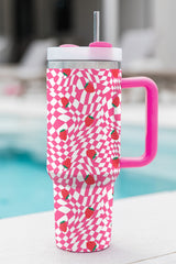 Rose Red Strawberry Checkered Print Handled Tumbler 40oz Tumblers JT's Designer Fashion