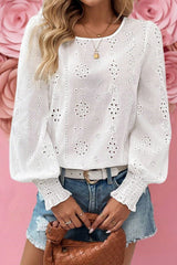 White Eyelet Embroidered Smocked Cuff Sheer Blouse White 100%Cotton Blouses & Shirts JT's Designer Fashion
