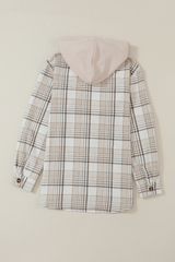 Khaki Plaid Removable Hood Buttoned Shacket Plaid Shackets JT's Designer Fashion