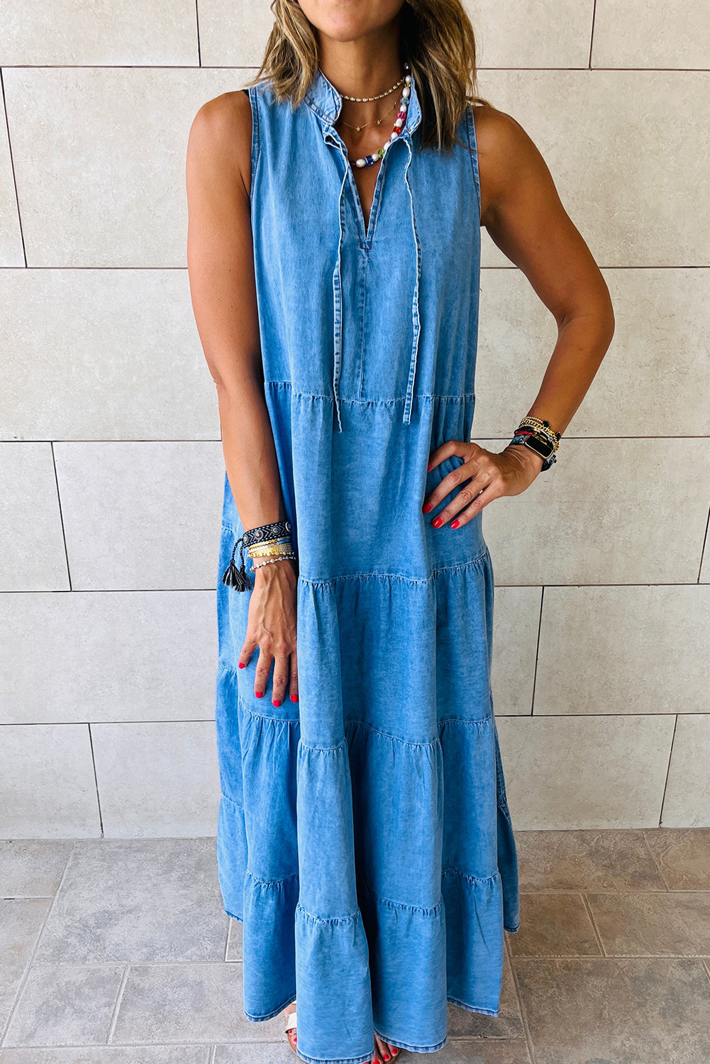 Blue Sleeveless Tiered Chambray Maxi Dress Dresses JT's Designer Fashion