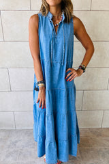 Blue Sleeveless Tiered Chambray Maxi Dress Dresses JT's Designer Fashion