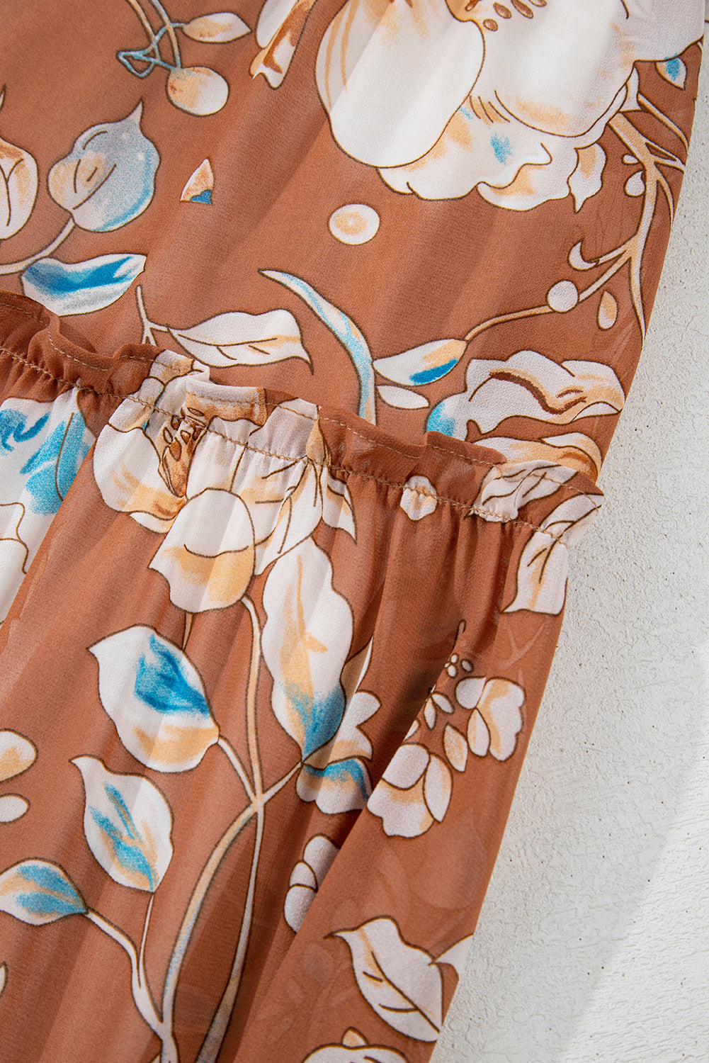Brown Floral Print Shirred Square Neck High Waist Long Dress Maxi Dresses JT's Designer Fashion