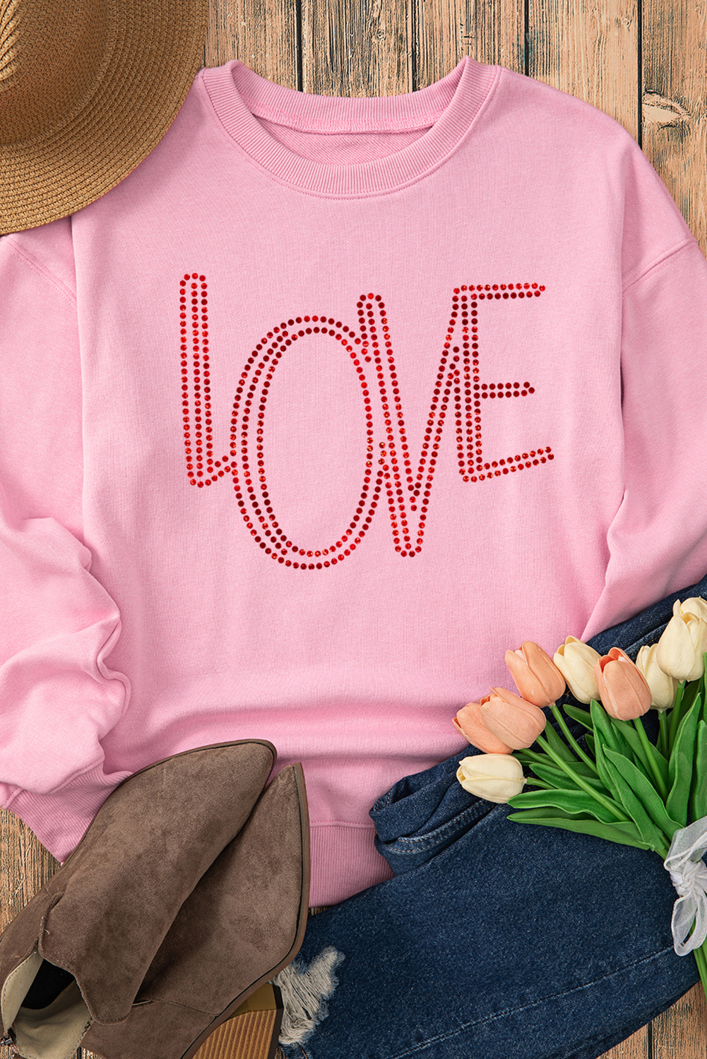 Pink LOVE Graphic Drop Shoulder Valentines Pullover Sweatshirt Graphic Sweatshirts JT's Designer Fashion