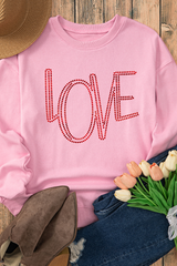 Pink LOVE Graphic Drop Shoulder Valentines Pullover Sweatshirt Graphic Sweatshirts JT's Designer Fashion
