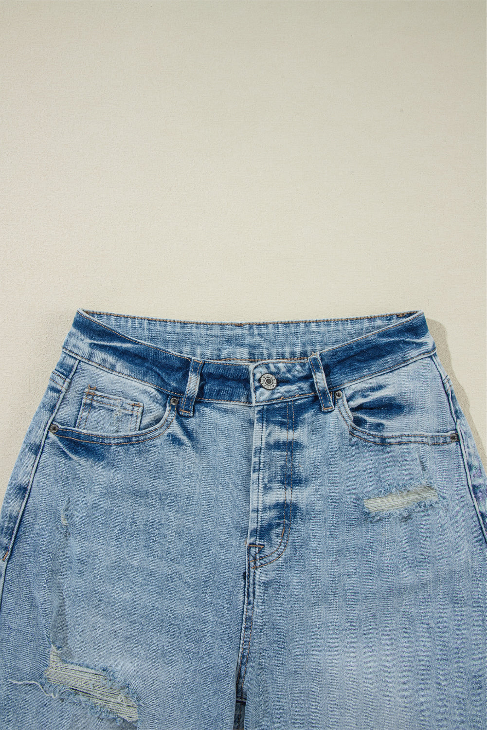 Light Blue Distressed Ripped Raw Hem Straight Jeans Jeans JT's Designer Fashion