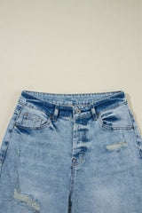 Light Blue Distressed Ripped Raw Hem Straight Jeans Jeans JT's Designer Fashion