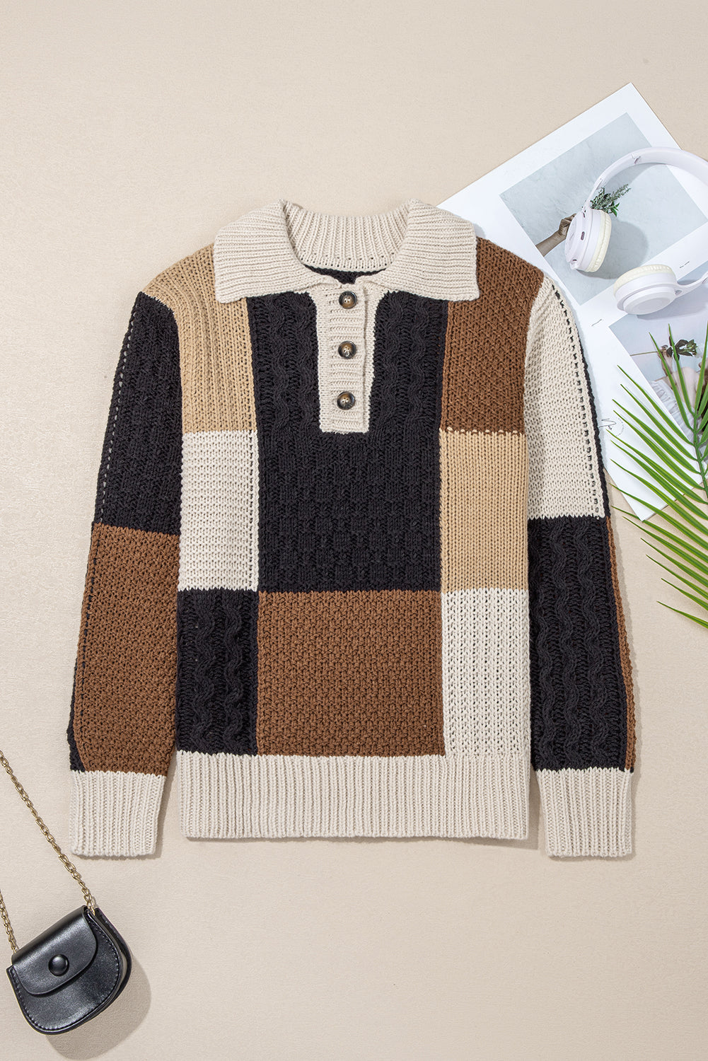Multicolour Color Block Cable Knit Sleeve Buttons Collared Sweater Sweaters JT's Designer Fashion