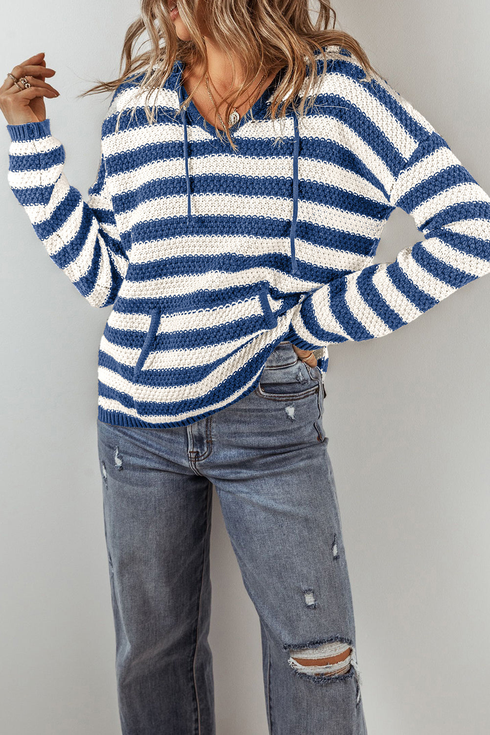 Blue Stripe V Neck Pocketed Drawstring Hooded Sweater Sweaters JT's Designer Fashion