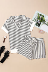 Black Stripe V Neck Tee and Casual Short Set Short Sets JT's Designer Fashion