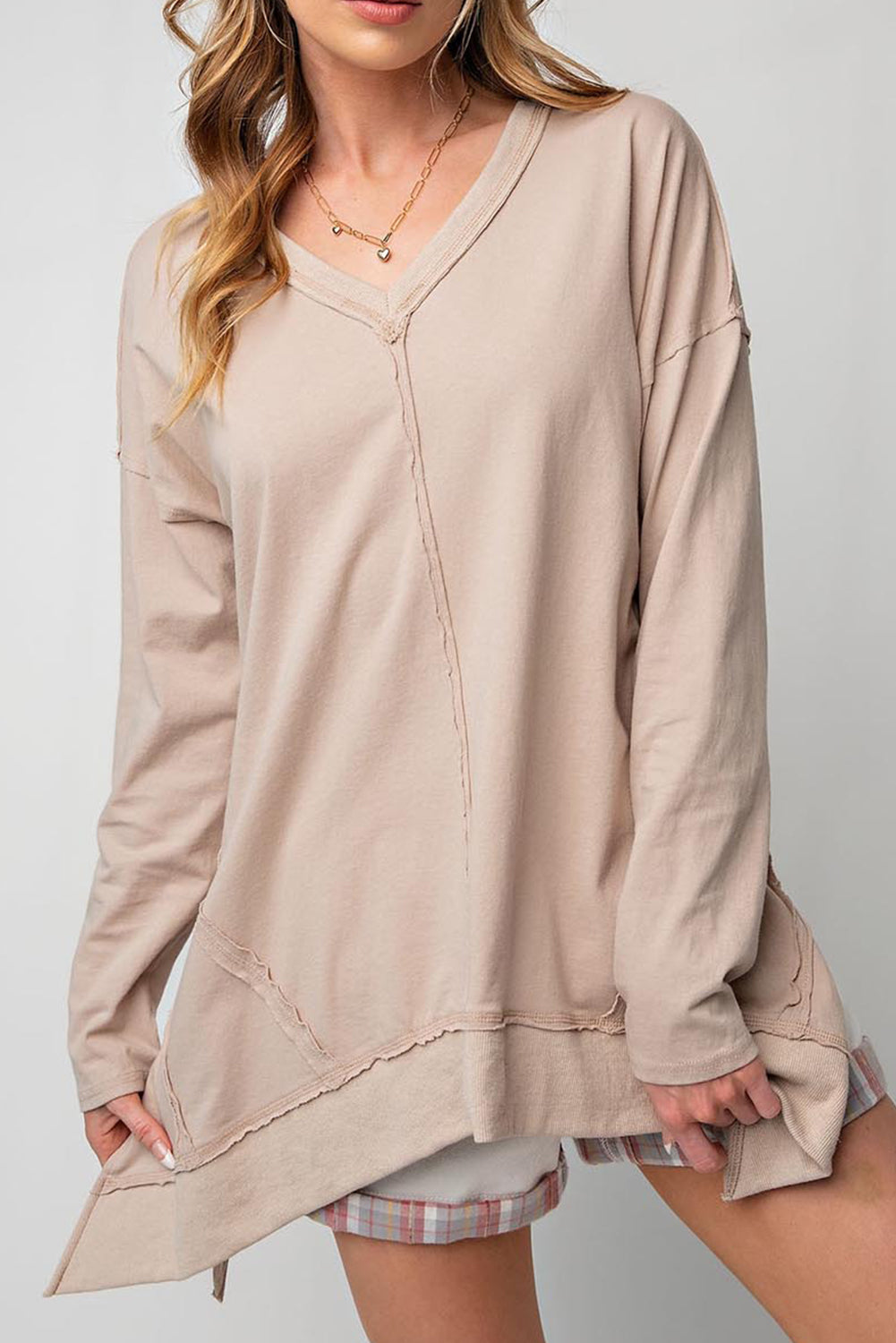 Apricot Exposed Seam V Neck Split Hem Tunic Top Long Sleeve Tops JT's Designer Fashion
