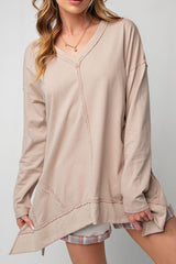 Apricot Exposed Seam V Neck Split Hem Tunic Top Long Sleeve Tops JT's Designer Fashion
