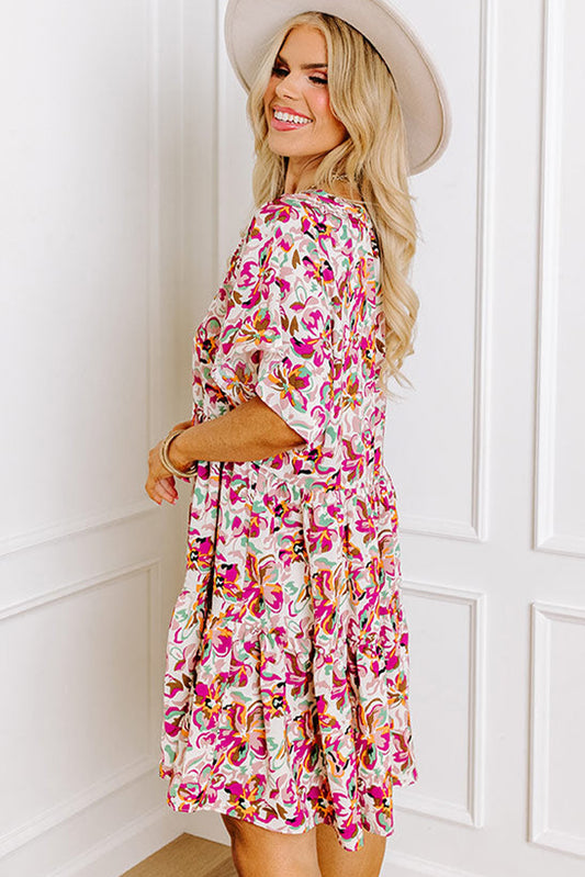 White Abstract Print V Neck Short Sleeve Ruffled Plus Size Mini Dress Plus Size Mini Dresses JT's Designer Fashion
