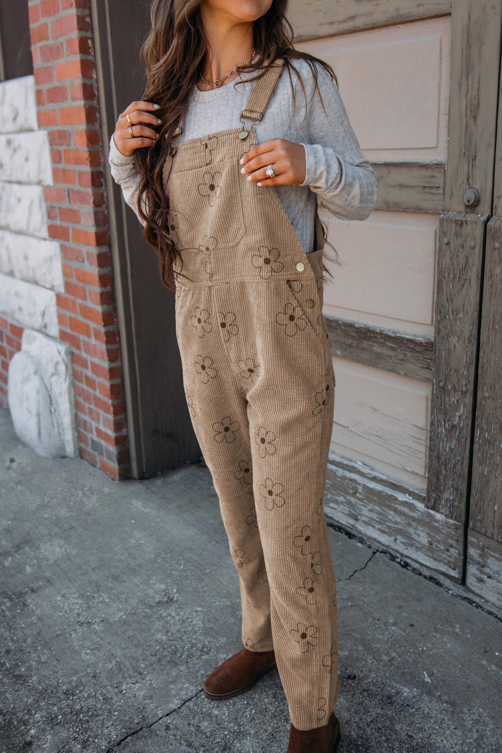 Khaki Flower Print Corduroy Overalls Jumpsuits & Rompers JT's Designer Fashion