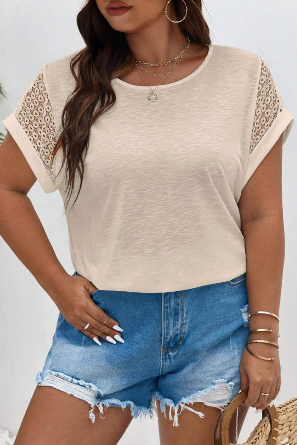 Parchment Lace Patchwork Short Sleeve Round Neck Plus Size Summer Top Plus Size JT's Designer Fashion
