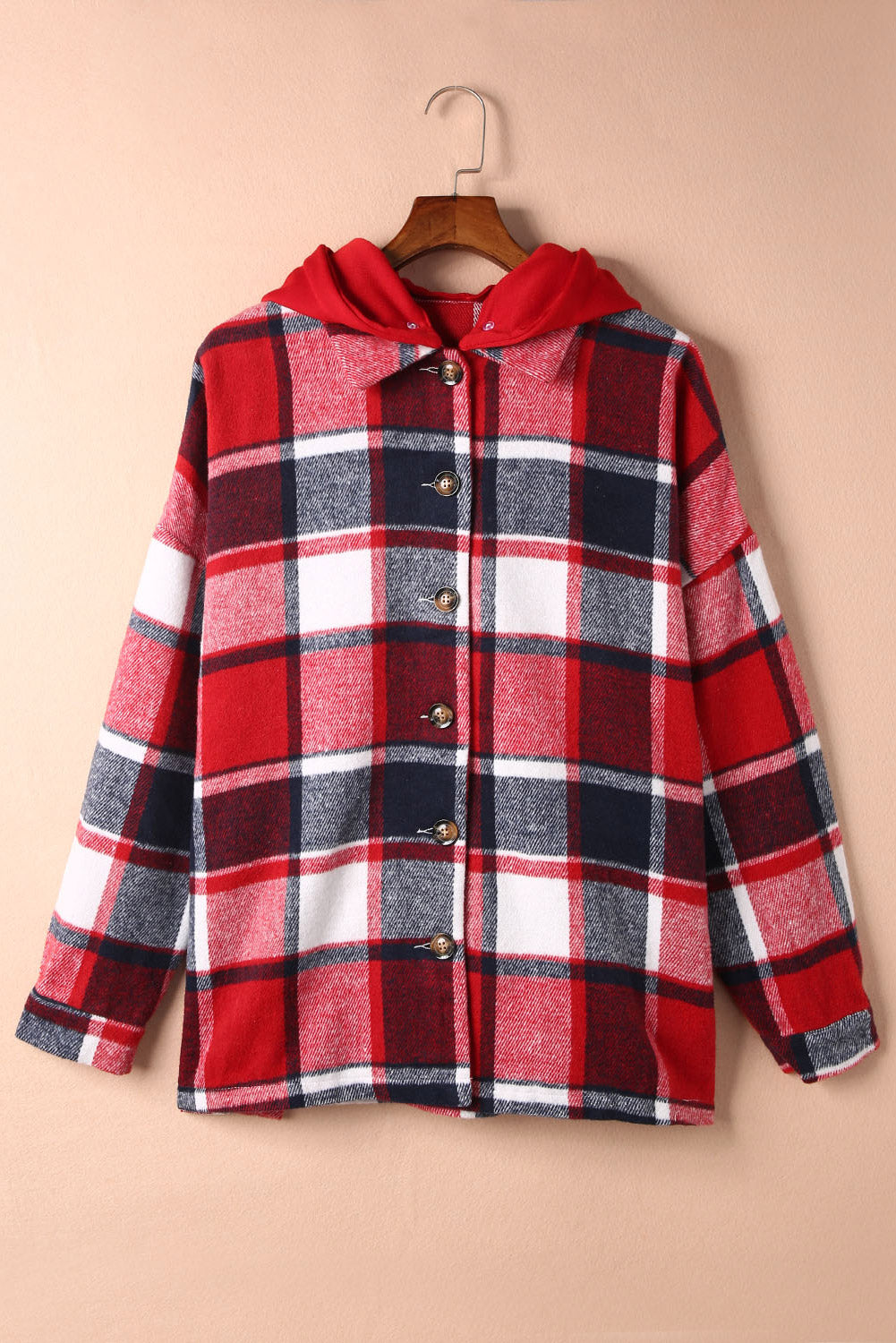 Fiery Red Hooded Plaid Button Front Shacket Plaid Shackets JT's Designer Fashion