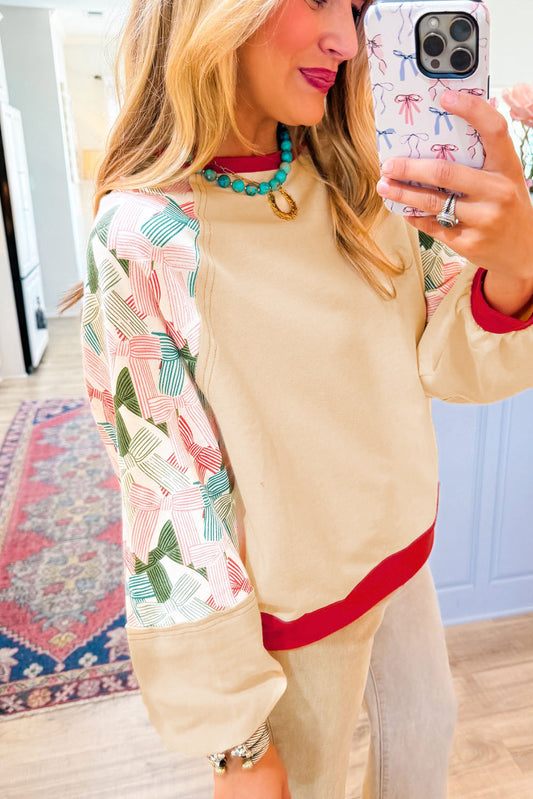 Beige Bowknot Printed Patchwork Raglan Sleeve Colorblock Edge Top Long Sleeve Tops JT's Designer Fashion