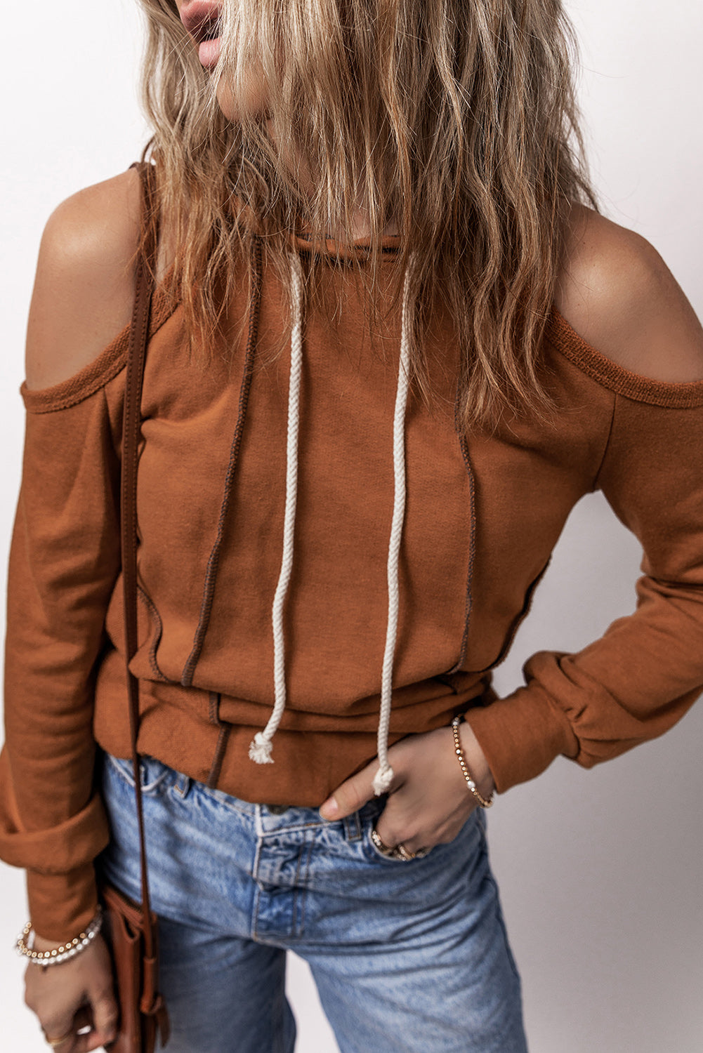 Cinnamon Exposed Seam Cold Shoulder Drawstring Hoodie Sweatshirts & Hoodies JT's Designer Fashion