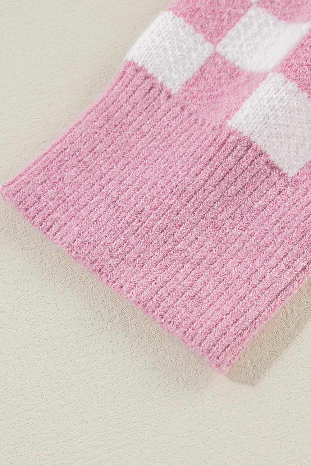 Pink Checkered Buttons Collar V Neck Drop Shoulder Sweater Sweaters JT's Designer Fashion