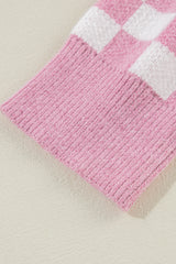 Pink Checkered Buttons Collar V Neck Drop Shoulder Sweater Sweaters JT's Designer Fashion