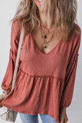 Mineral Red Solid Color Textured Frilled Trim V Neck Puff Sleeve Blouse Blouses & Shirts JT's Designer Fashion
